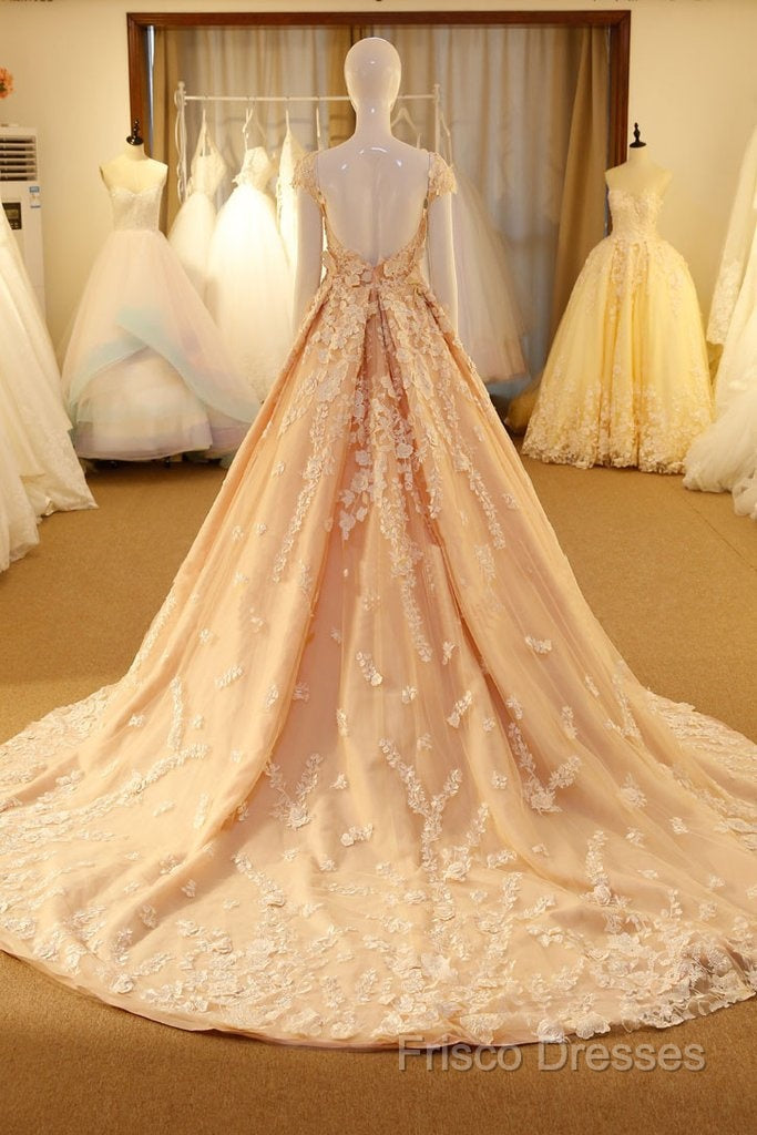 Pink Long Unique Round Neck Tulle Lace Applique Formal Prom Dress