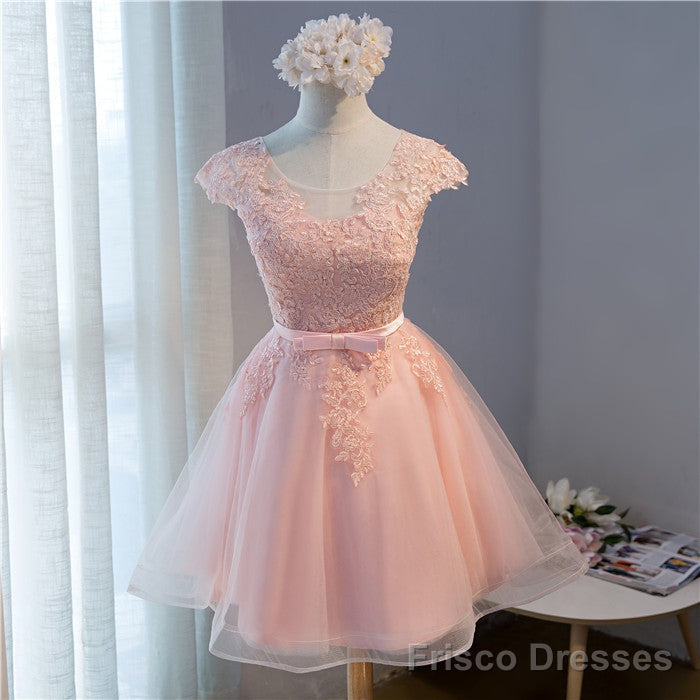 Pink Lovely Cap Sleeves Knee Length Formal Dress, Pink Tulle Prom Dress Secondary image