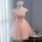 Pink Lovely Cap Sleeves Knee Length Formal Dress, Pink Tulle Prom Dress