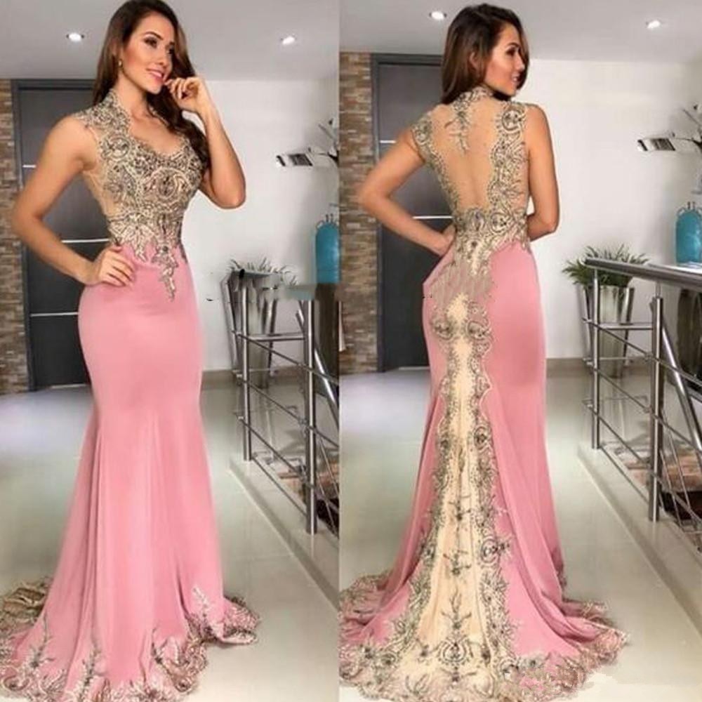 Pink Mermaid Applique Beaded Long Prom Dress