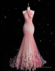 Pink Mermaid Halter Neck Tulle Long Prom Dress Sweet 16 Dress