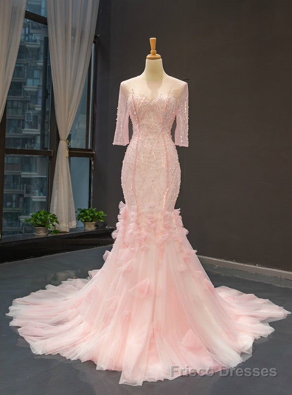 Pink Mermaid Long Sleeve Backless Beading Sequins Prom Dress Main image