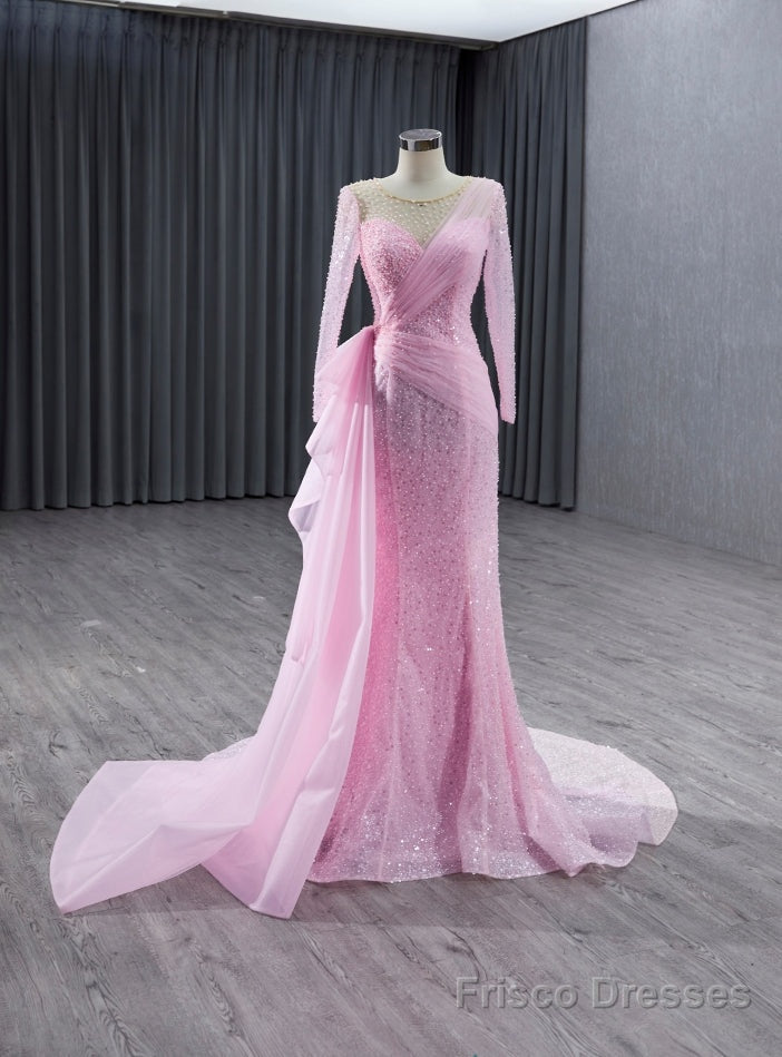 Pink Mermaid Long Sleeve Pearls Prom Dress Main image