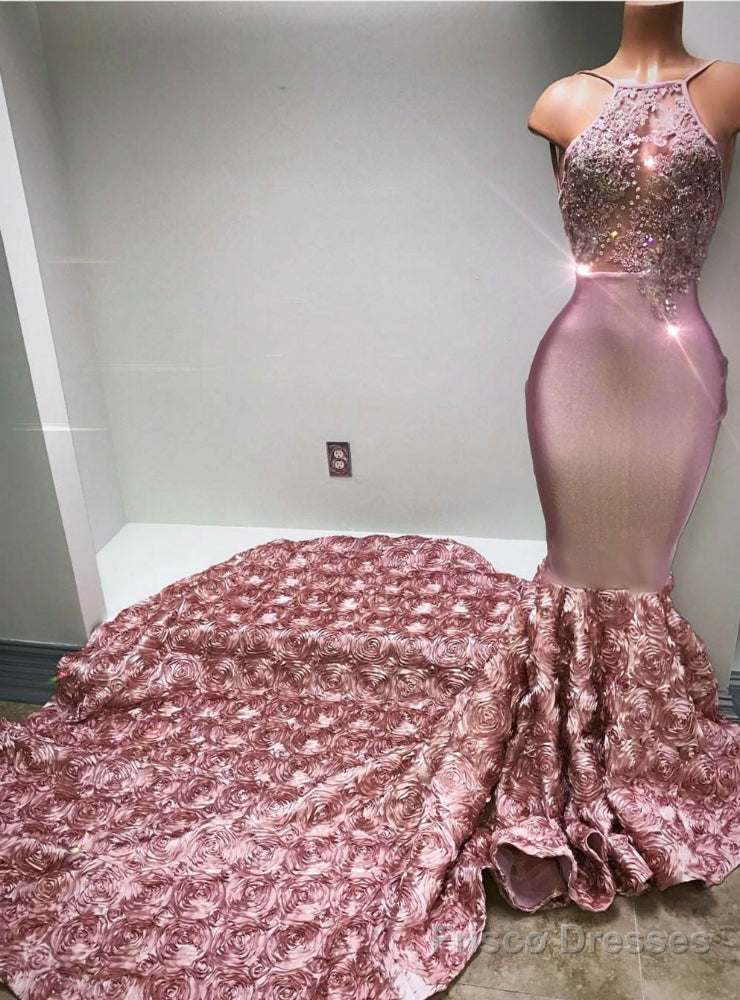 Pink Mermaid Satin Halter See Through Prom Dress With Train Main image