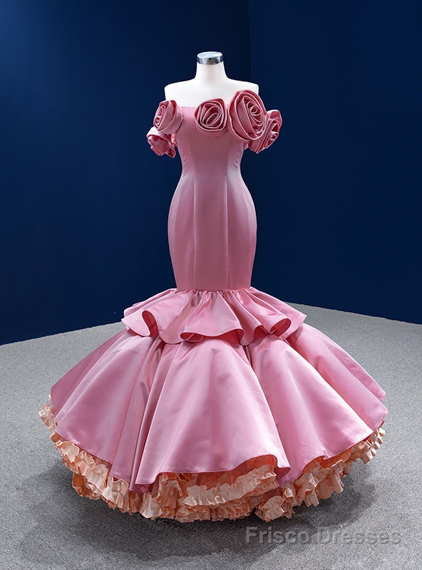 Pink Mermaid Satin Strapless Flower Prom Dress Main image