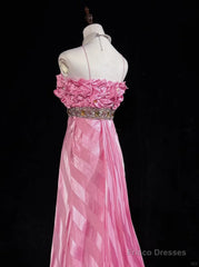 Pink Mermaid Spaghetti Straps Satin Beaded Long Prom Dress Beautiful Bridal Dress