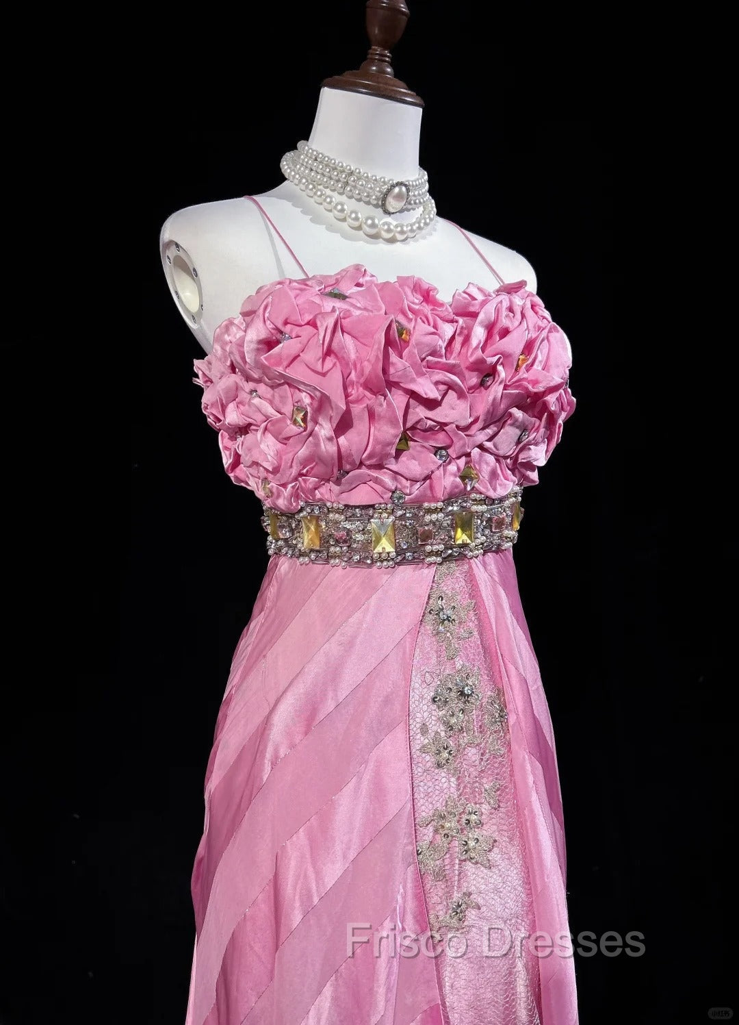 Pink Mermaid Spaghetti Straps Satin Beaded Long Formal Prom Dress Beautiful Bridal Dress