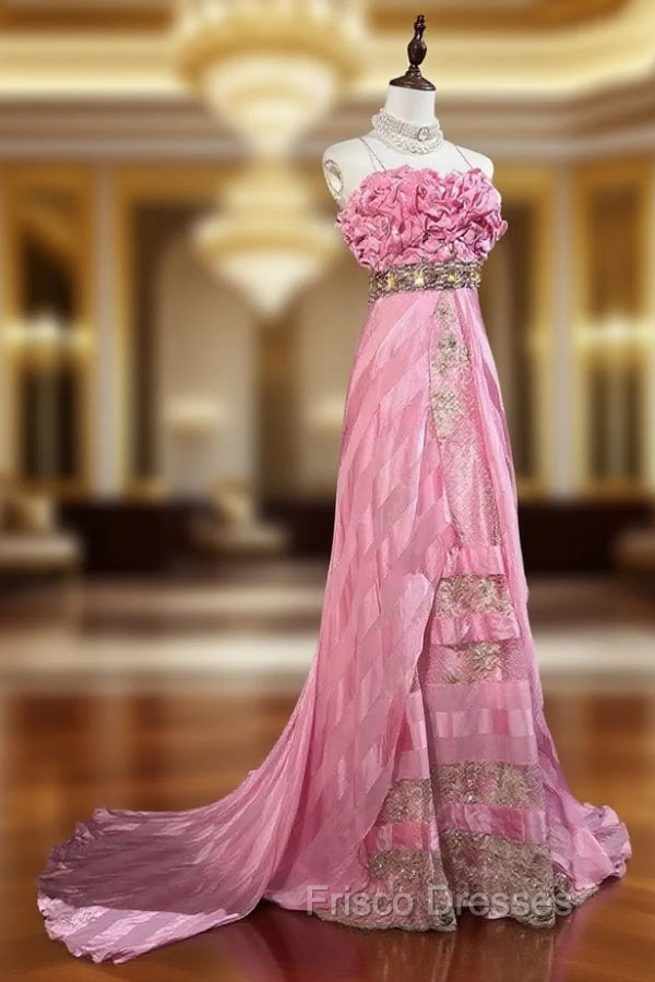 Pink Mermaid Spaghetti Straps Satin Beaded Long Formal Prom Dress Beautiful Bridal Dress Main image