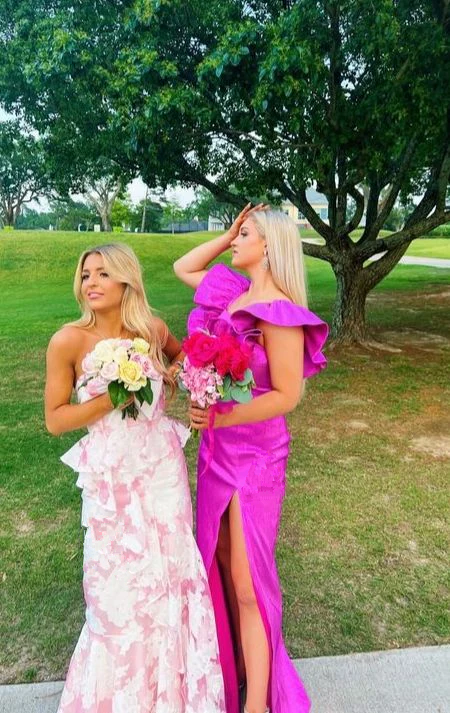 Pink Mermaid Strapless Print Floral Evening Dress Prom Dress Party Dress Secondary image