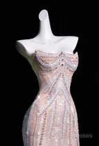 Pink Mermaid Strapless Tulle Diamond Long Formal Prom Dress Sweet Wedding Dress Formal Dress