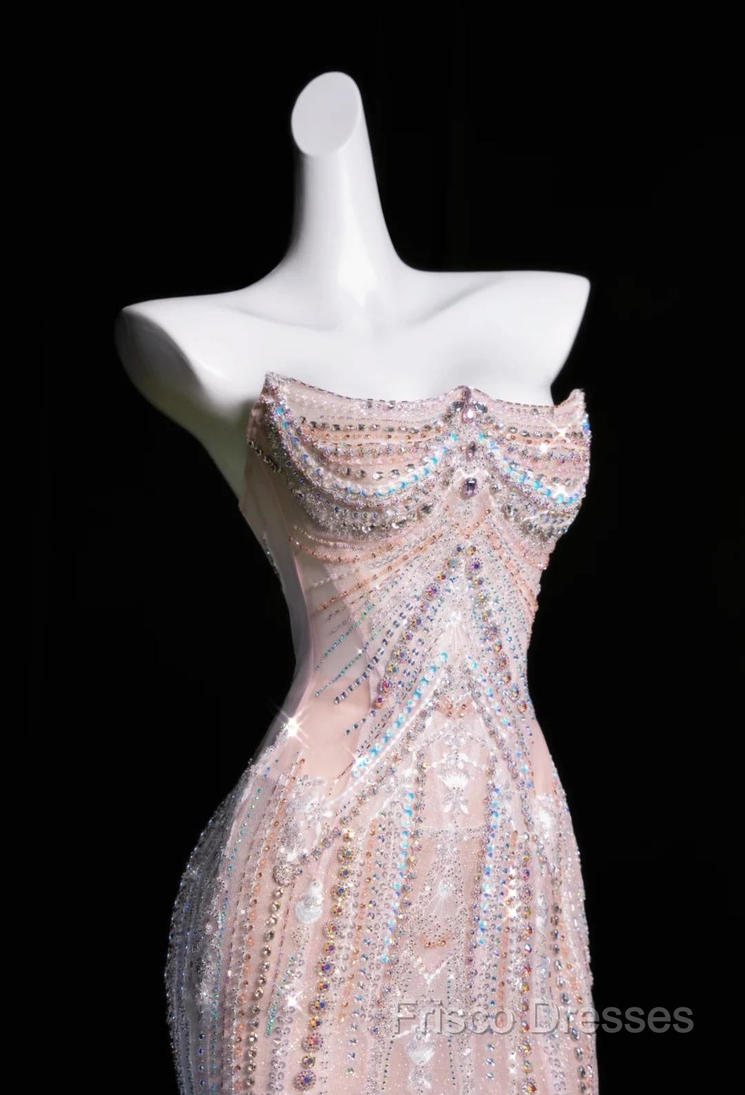 Pink Mermaid Strapless Tulle Diamond Long Formal Prom Dress Sweet Wedding Dress Formal Dress