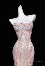 Pink Mermaid Strapless Tulle Diamond Long Formal Prom Dress Sweet Wedding Dress Formal Dress