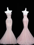 Pink Mermaid Strapless Tulle Diamond Long Formal Prom Dress Sweet Wedding Dress Formal Dress