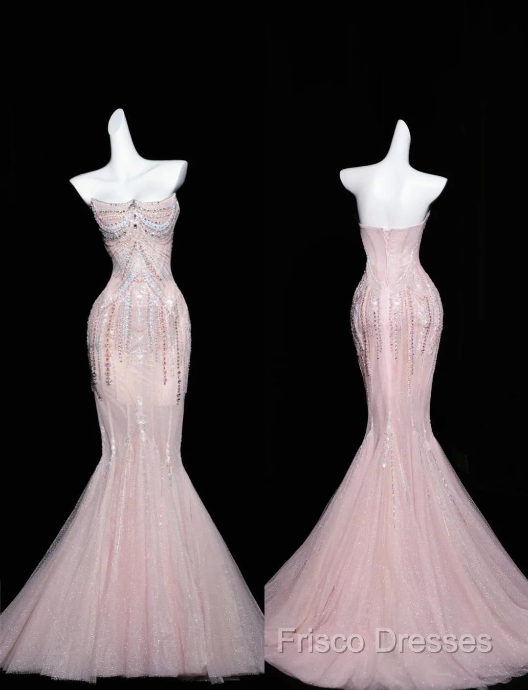 Pink Mermaid Strapless Tulle Diamond Long Formal Prom Dress Sweet Wedding Dress Formal Dress