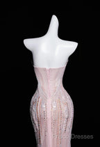 Pink Mermaid Strapless Tulle Diamond Long Formal Prom Dress Sweet Wedding Dress Formal Dress