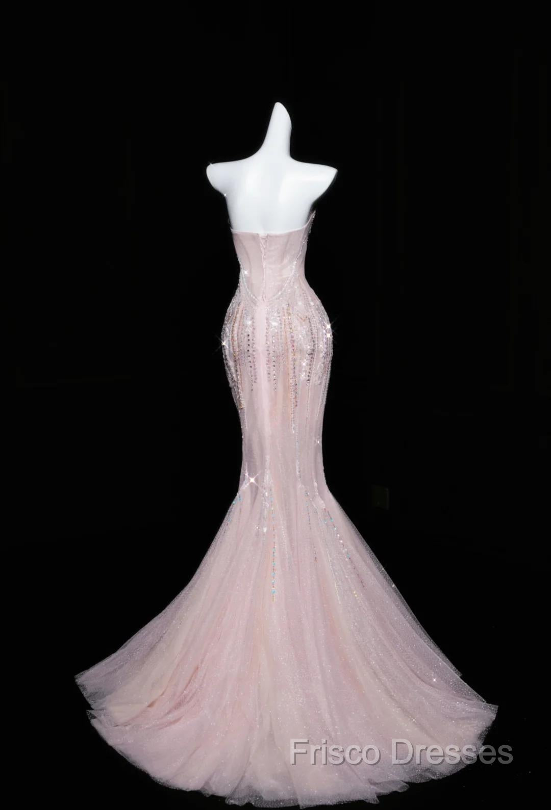 Pink Mermaid Strapless Tulle Diamond Long Formal Prom Dress Sweet Wedding Dress Formal Dress