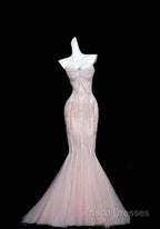 Pink Mermaid Strapless Tulle Diamond Long Formal Prom Dress Sweet Wedding Dress Formal Dress