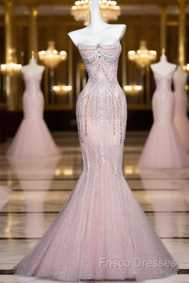 Pink Mermaid Strapless Tulle Diamond Long Formal Prom Dress Sweet Wedding Dress Formal Dress Main image