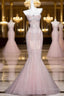 Pink Mermaid Strapless Tulle Diamond Long Formal Prom Dress Sweet Wedding Dress Formal Dress