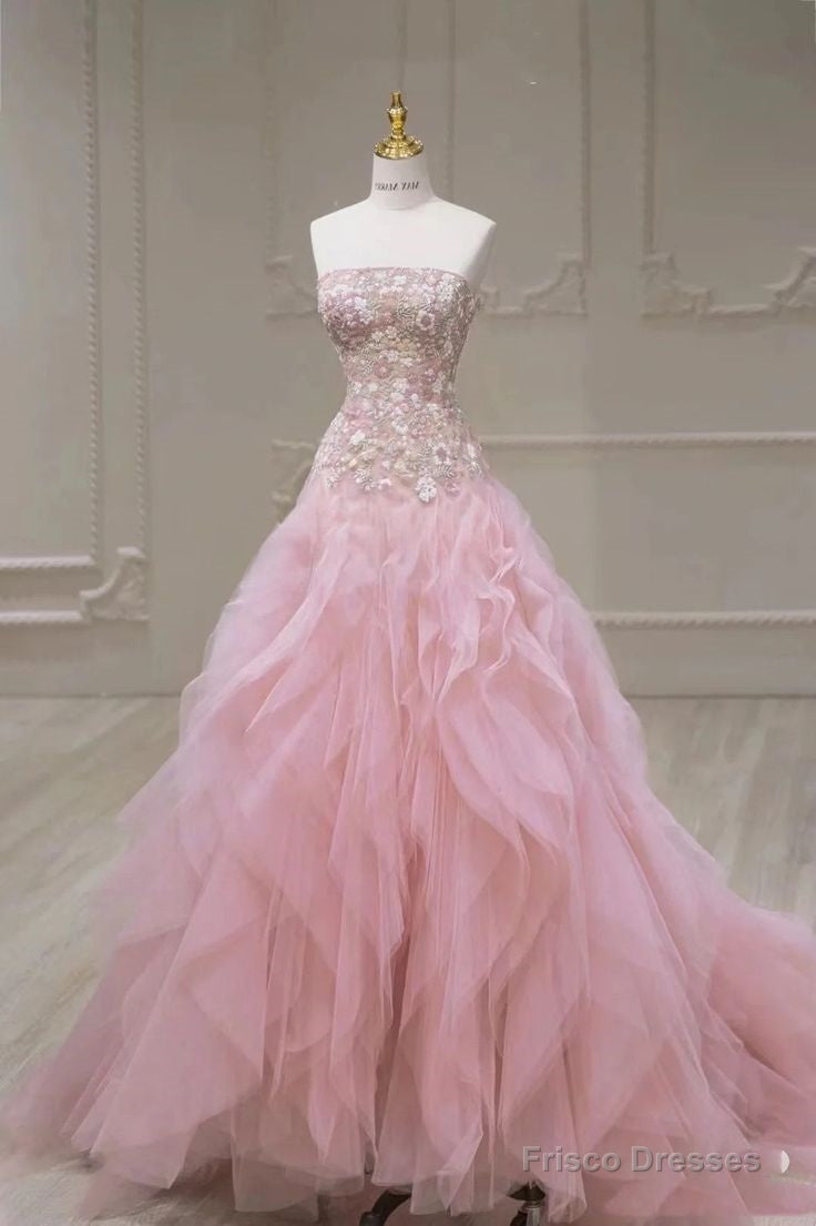 Pink Mermaid Strapless Tulle Sequined Long Prom Dress, Sweet Embroidered Applique Wedding Dress Main image