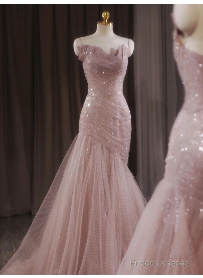 Pink Mermaid Strapless Tulle Sequined Long Prom Dress Sweet Wedding Dress Main image