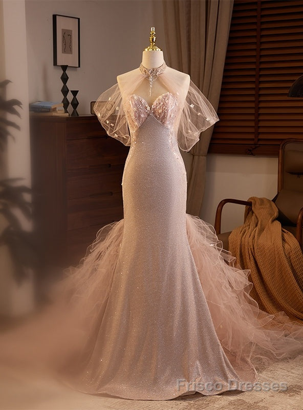 Pink Mermaid Tulle Halter Prom Dress Main image