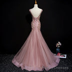 Pink Mermaid Tulle Long Evening Dress with Lace, V-neckline Floor Length Prom Dress