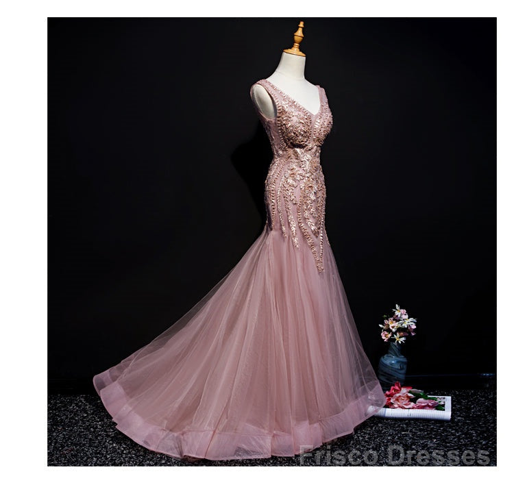 Pink Mermaid Tulle Long Evening Dress with Lace, V-neckline Floor Length Prom Dress Main image