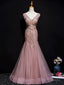 Pink Mermaid Tulle Long Evening Dress with Lace, V-neckline Floor Length Prom Dress