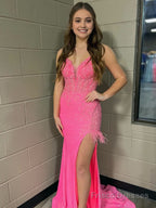 Pink Mermaid V Neck Backless Tight Long Prom Dress With Slit