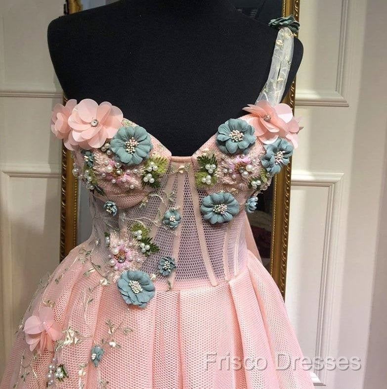 Pink Muslim Formal Dress A-Line One-Shoulder Tulle Pearls Long Islamic Dubai Saudi Arabic Long Formal Gown