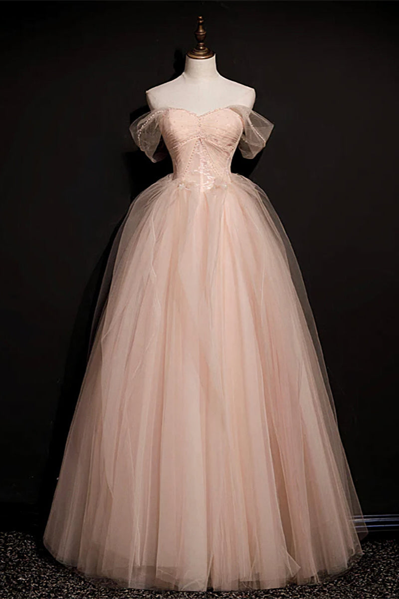 Pink Off Shoulder Beaded Tulle Long Party Dresses, Pink A-line Formal Dresses Prom Dress Main image