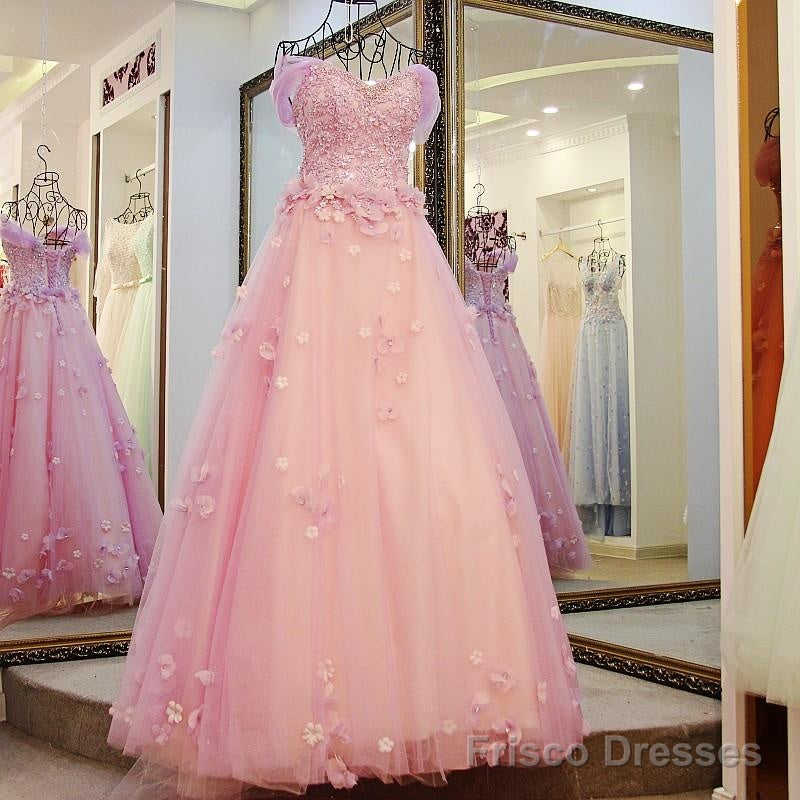 Pink Off Shoulder Lace Applique Tulle Flowers Prom Dress, Pink Formal Dress Sweet 16 Dress Secondary image
