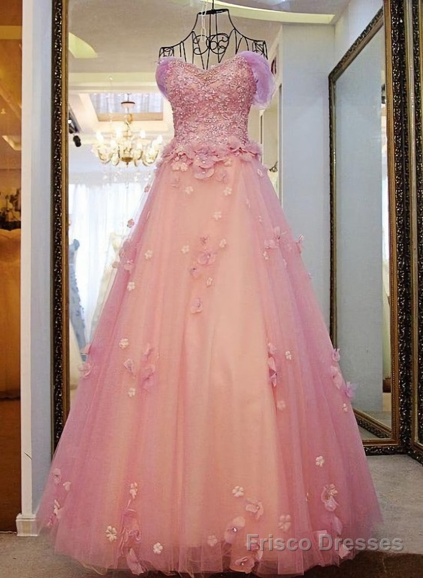 Pink Off Shoulder Lace Applique Tulle Flowers Prom Dress, Pink Formal Dress Sweet 16 Dress Main image