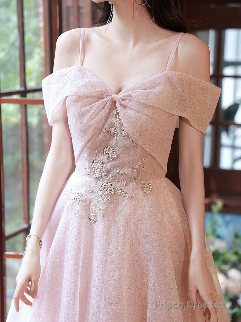 Pink Off Shoulder Long Prom Dress, Off Shoulder Pink Party Dress Secondary image
