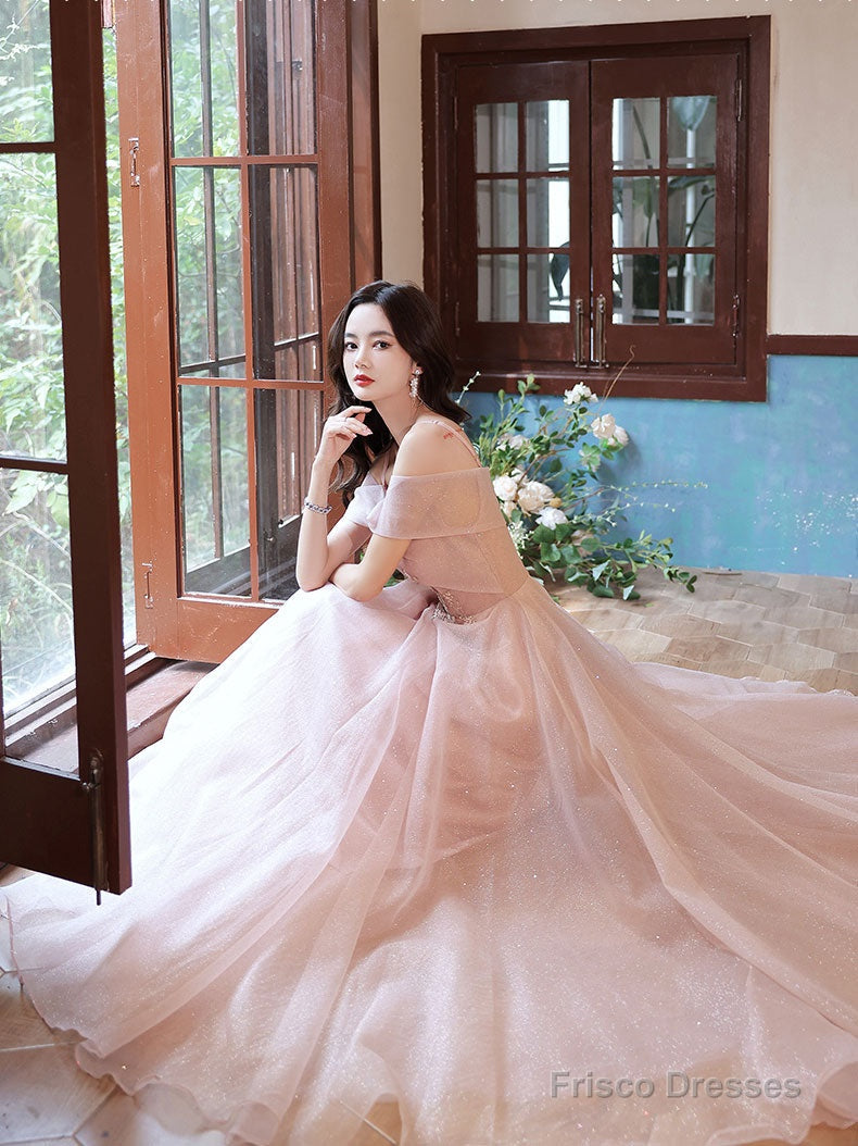 Pink Off Shoulder Long Prom Dress, Off Shoulder Pink Party Dress