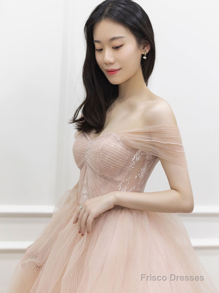 Pink  Off Shoulder Long Prom Dress, Pink Tulle Formal Evening Dress Secondary image