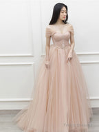 Pink  Off Shoulder Long Prom Dress, Pink Tulle Formal Evening Dress