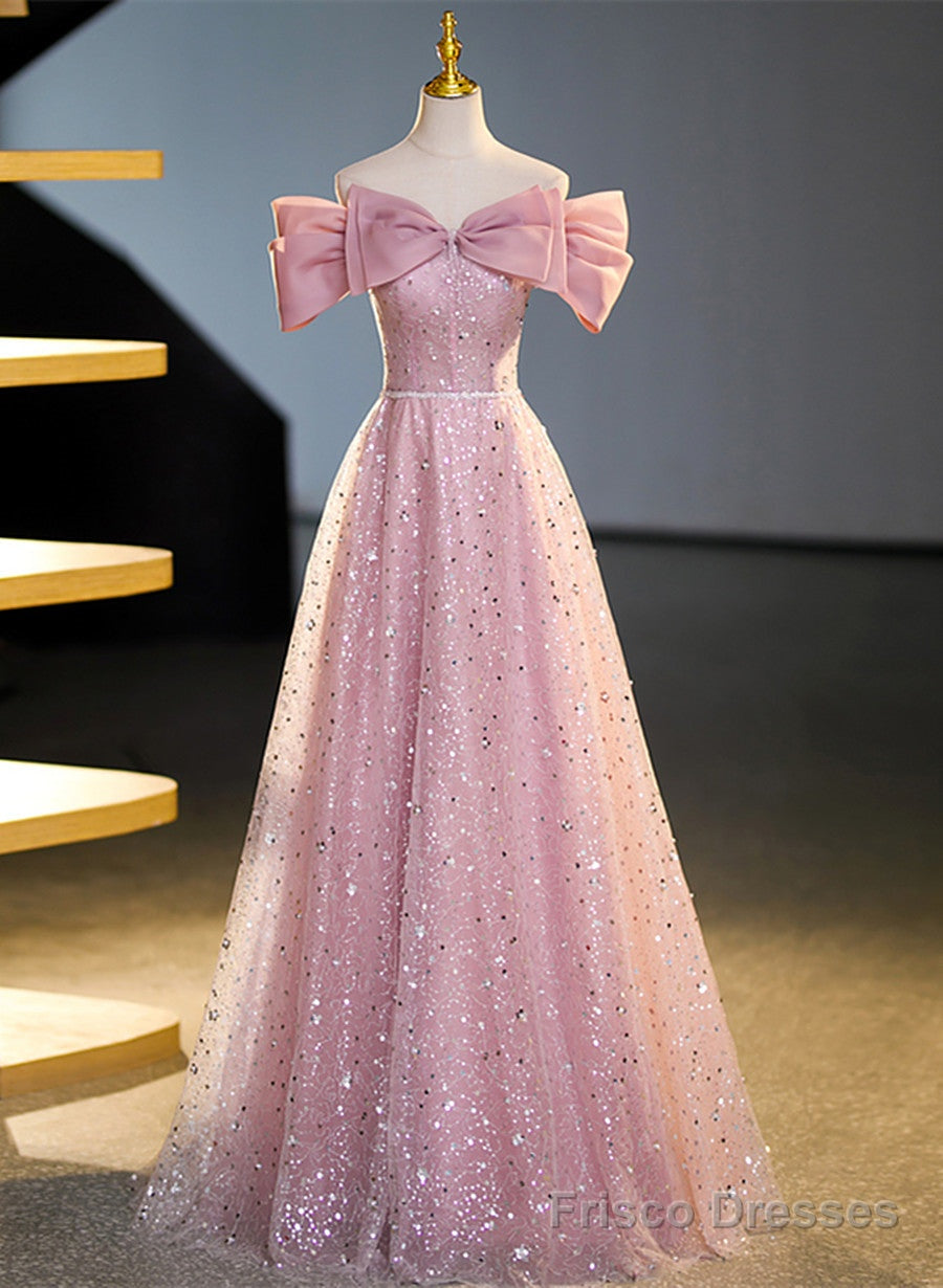 Pink Off Shoulder Shiny Tulle A-line Long Party Dress, Pink Tulle Formal Dress Secondary image