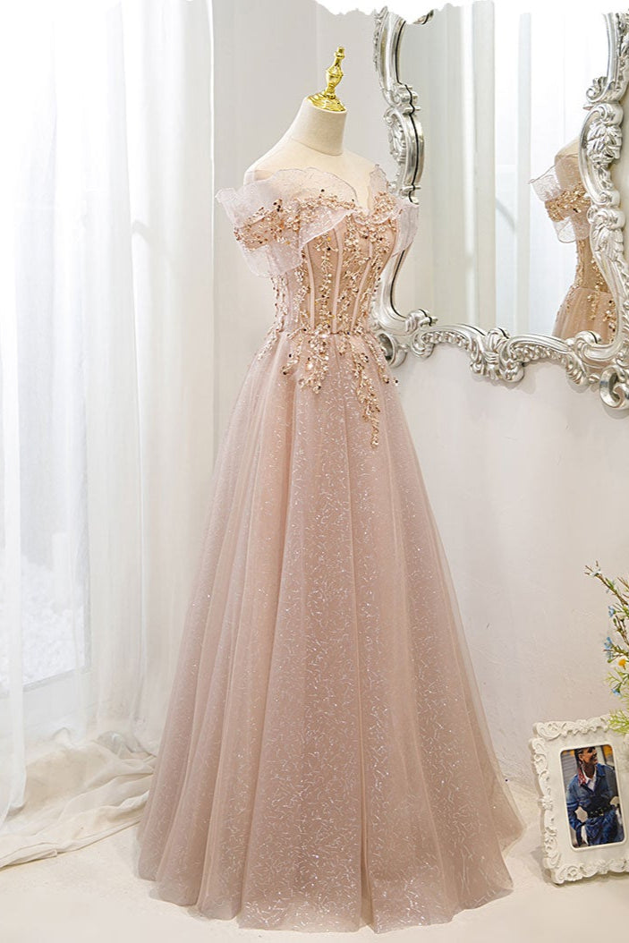 Pink Off Shoulder Shiny Tulle with Beaded and Lace Prom Dress, Pink Formal Dresses
