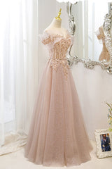 Pink Off Shoulder Shiny Tulle with Beaded and Lace Prom Dress, Pink Formal Dresses