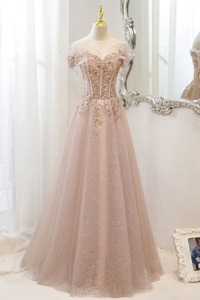 Pink Off Shoulder Shiny Tulle with Beaded and Lace Prom Dress, Pink Formal Dresses Main image