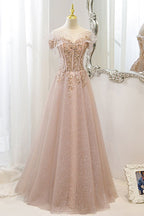 Pink Off Shoulder Shiny Tulle with Beaded and Lace Prom Dress, Pink Formal Dresses