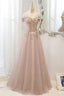 Pink Off Shoulder Shiny Tulle with Beaded and Lace Prom Dress, Pink Formal Dresses