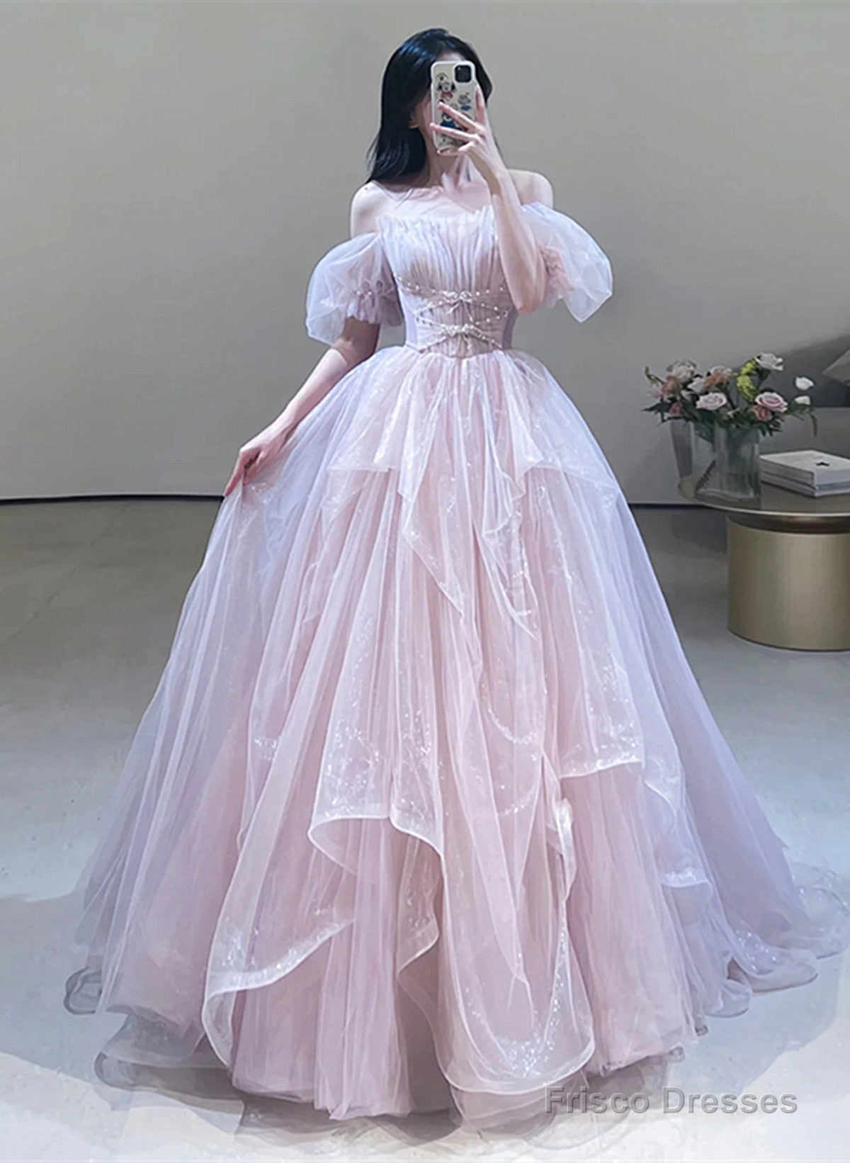 Pink Off Shoulder Tulle Beaded Sweetheart Party Dress, Pink Tulle Evening Dress Prom Dress Secondary image