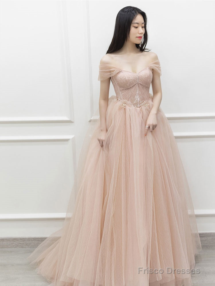 Pink Off Shoulder Tulle Lace Long Prom Dress, Pink Formal Dress