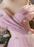 Pink Off Shoulder Tulle Long Formal Dress, Pink A-Line Prom Dress