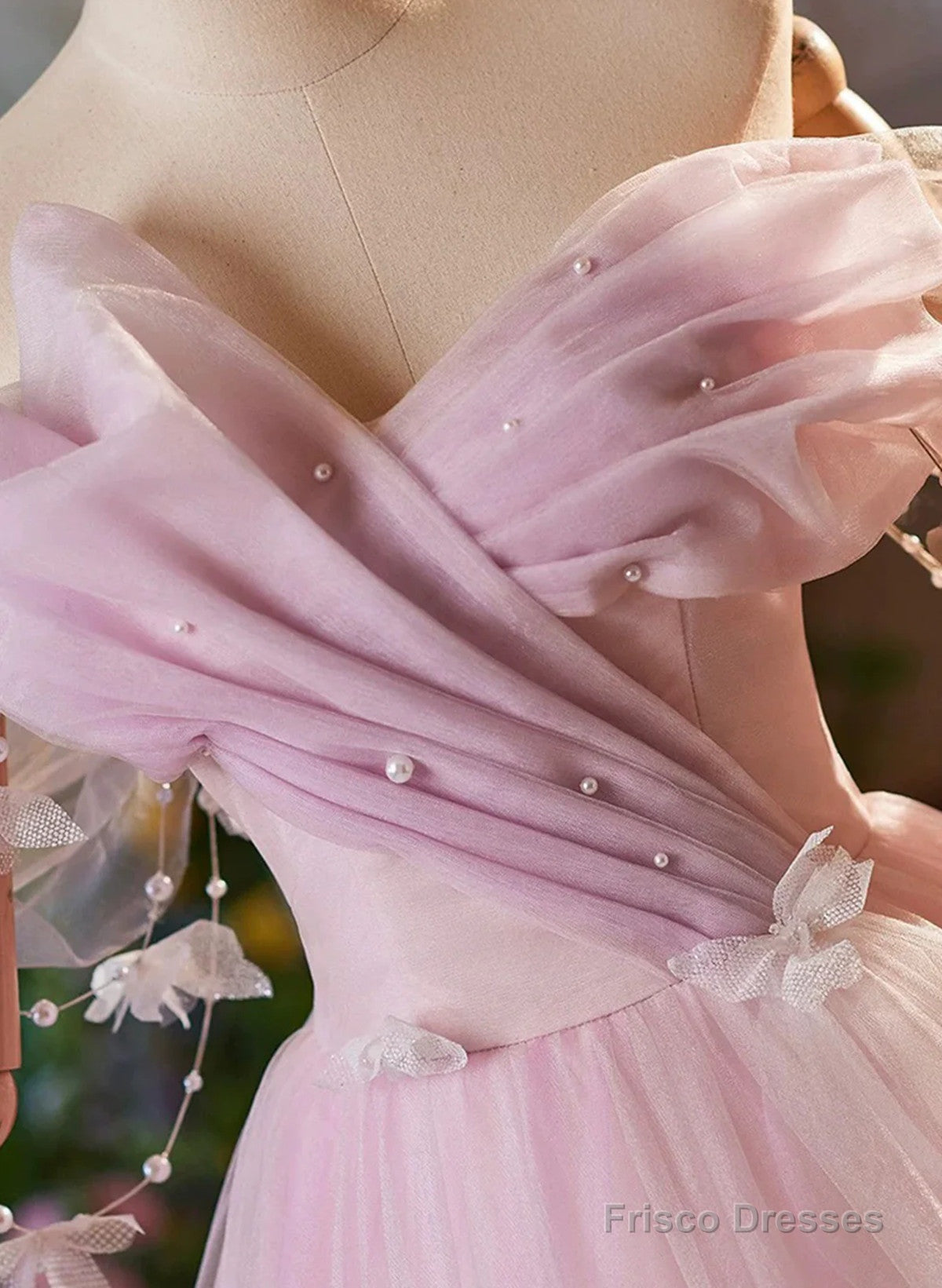 Pink Off Shoulder Tulle Long Formal Dress, Pink A-Line Prom Dress