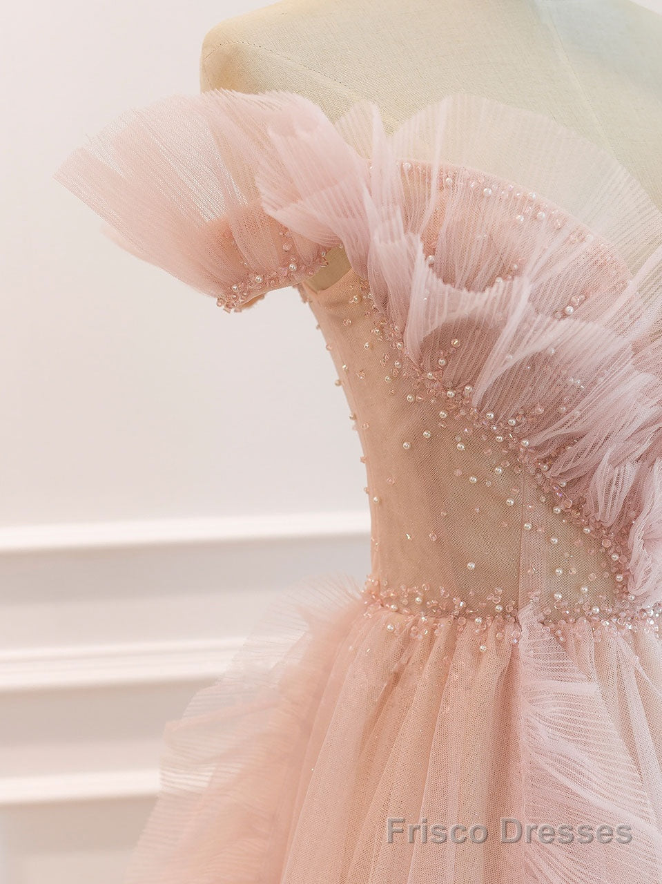 Pink Off Shoulder Tulle Long Prom Dress, Pink A line Tulle Graduation Dress