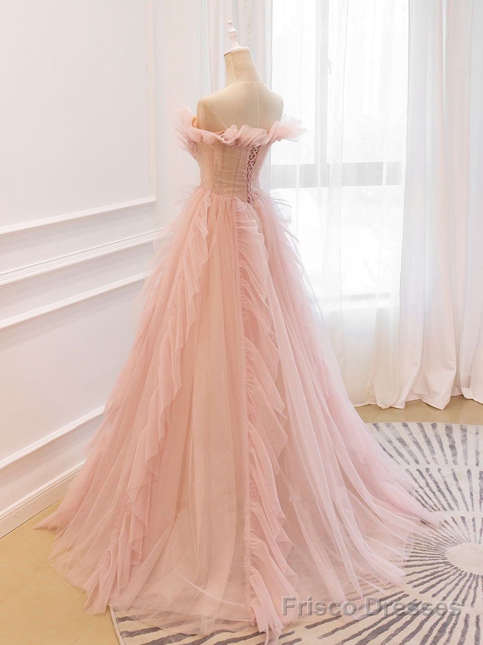 Pink Off Shoulder Tulle Long Prom Dress, Pink A line Tulle Graduation Dress Main image